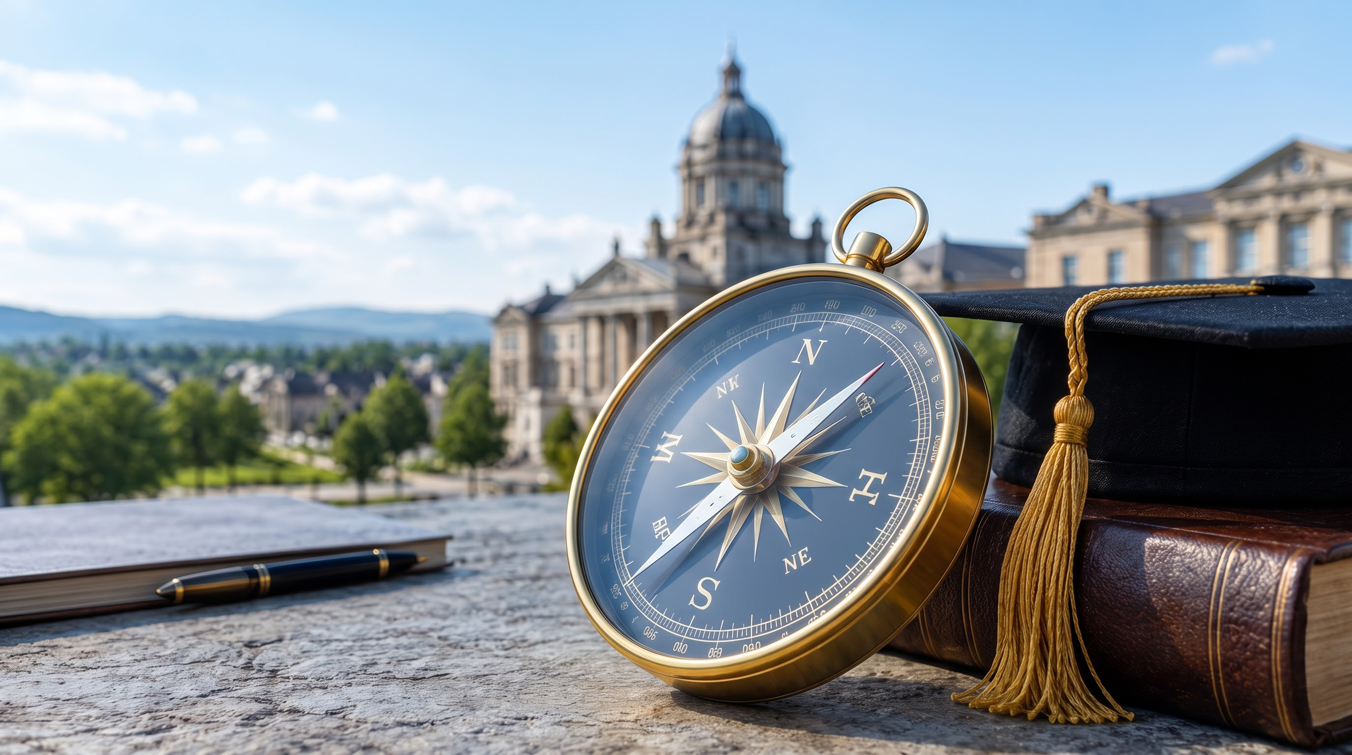 Compass resting on a graduation cap